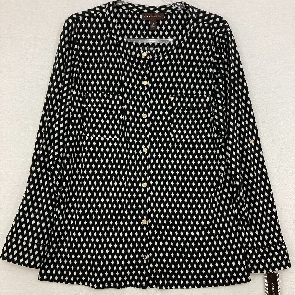 New Dana Buchman size XL Black White Geometric Print Button Down Office